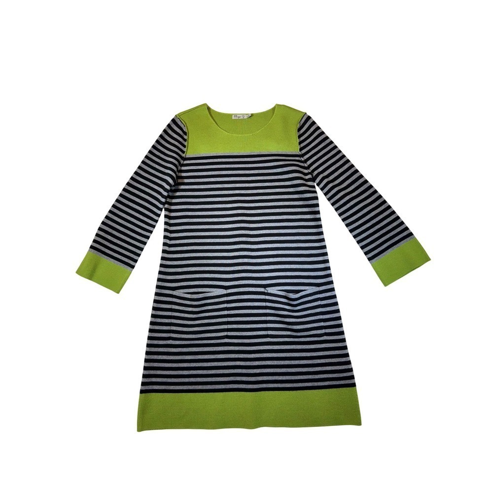 Eliza J Striped Knit Dress Lime Green Black Gray Long Sleeve Pockets M